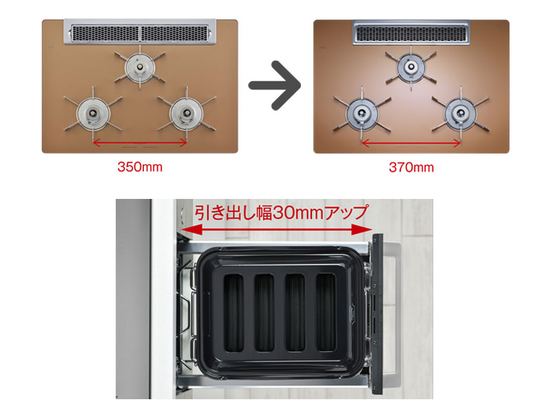 バーナー間とグリル引き出し幅を拡大